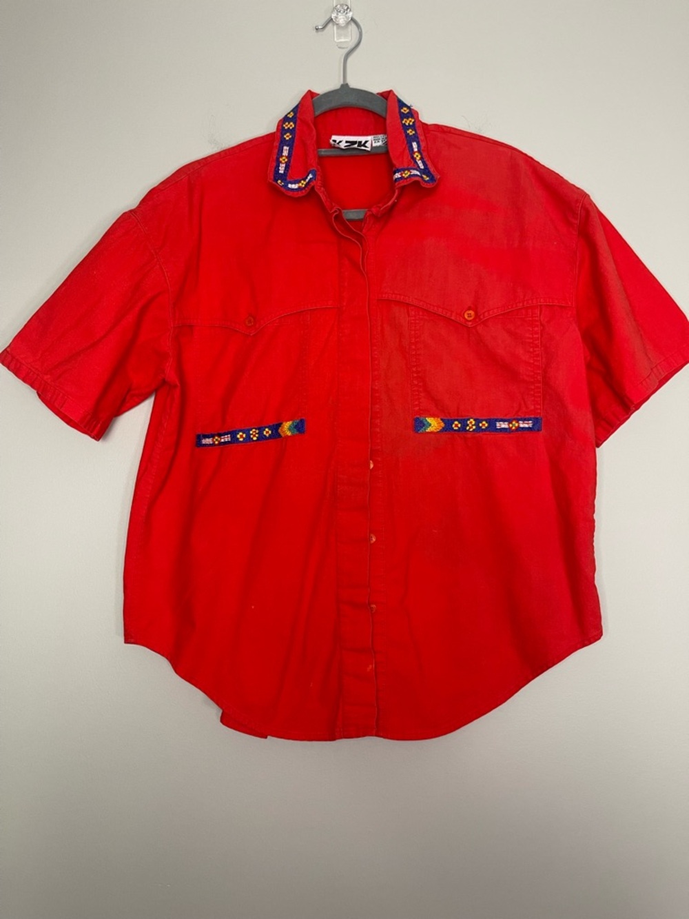 KZK Vintage Western Red Short-Sleeve Button-Up Shirt with Embroidered Trim